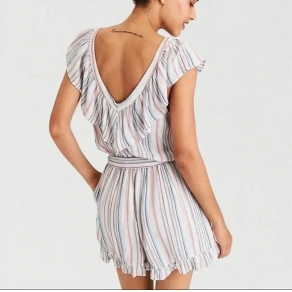 American Eagle Outfitters Multi Colored Striped Romper Ruffle Detail Size Small - Picture 2 of 8